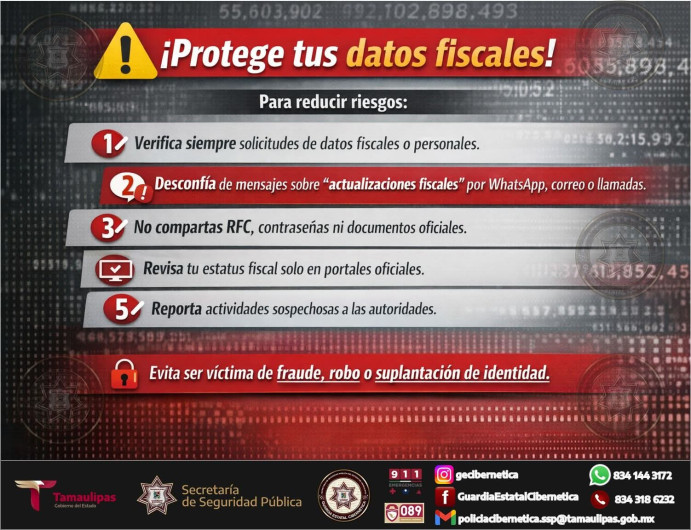 Guardia Estatal Cibernética emite recomendaciones para proteger datos fiscales en Tamaulipas