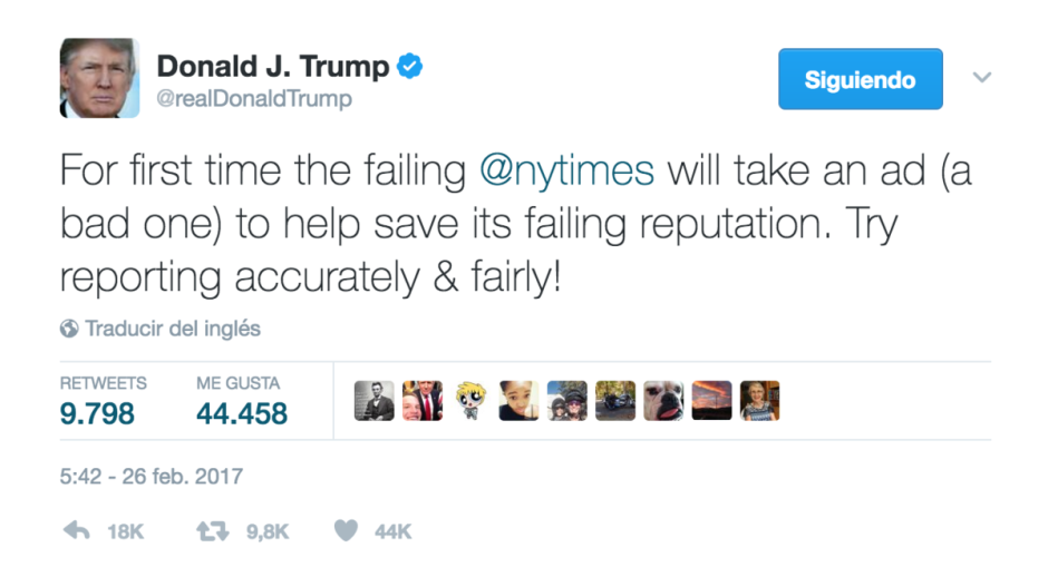 NYT anuncia mensaje en los Oscar'; Trump tuitea en contra