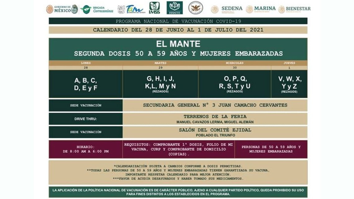 Pondrán segunda dosis anticovid a personas de 50 a 59 años en 6 municipios de Tamaulipas