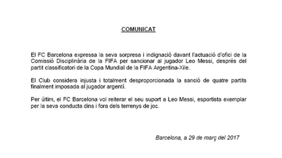 FC Barcelona muestra apoyo total a Lionel Messi