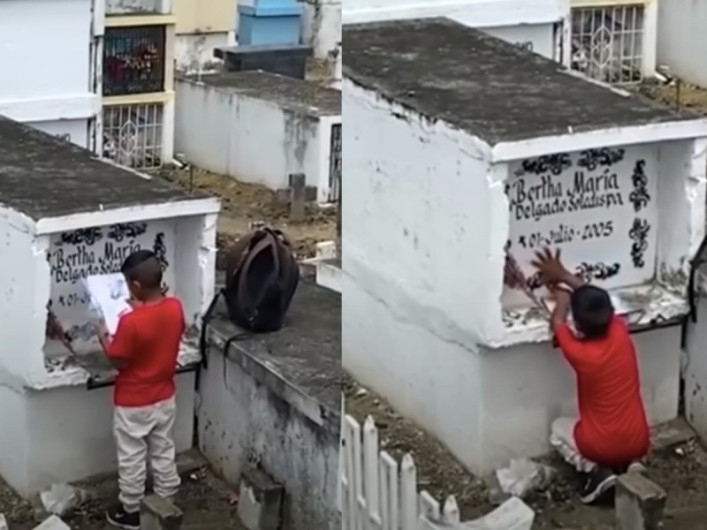 Niño visita la tumba de su mamá, le lleva flores y hasta sus calificaciones