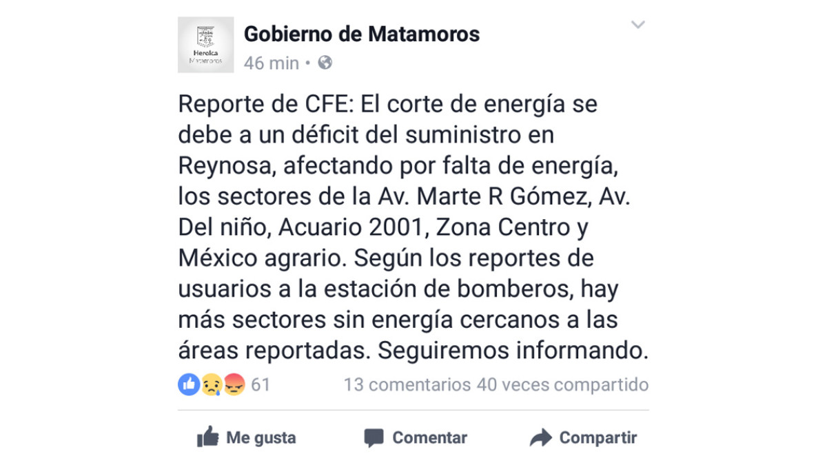 Gobierno de Matamoros da a conocer sectores sin energía