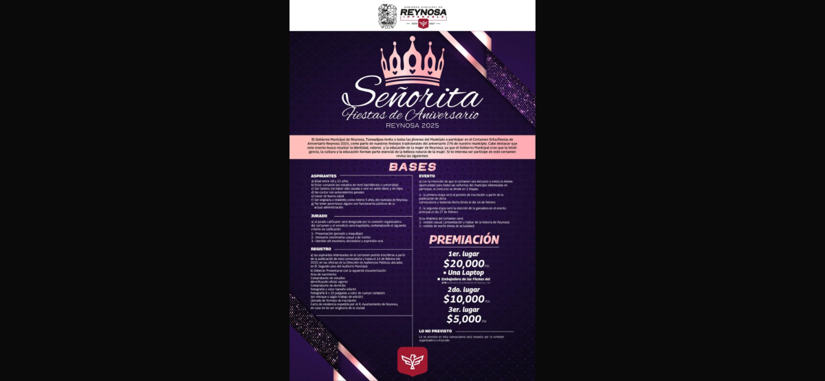 Si quieres ser la Señorita Fiestas de Aniversario Reynosa 2025 conoce las Bases y participa
