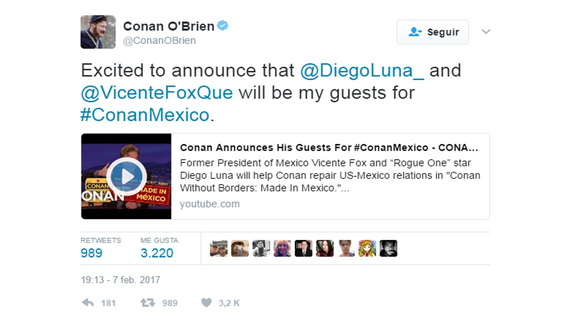 Vicente Fox y Diego Luna estarán en show de Conan O'Brien