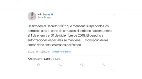 Iván Duque firma decreto para suspensión de porte de armas