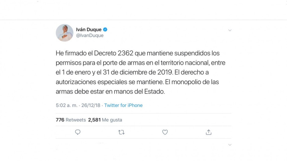 Iván Duque firma decreto para suspensión de porte de armas