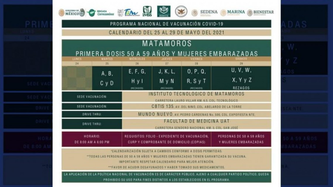 Inicia vacunación contra Covid-19 a personas de 50 a 59 en Reynosa, Matamoros y Altamira 