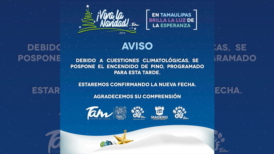 Frío suspende encendidos de pinos en sur de Tamaulipas