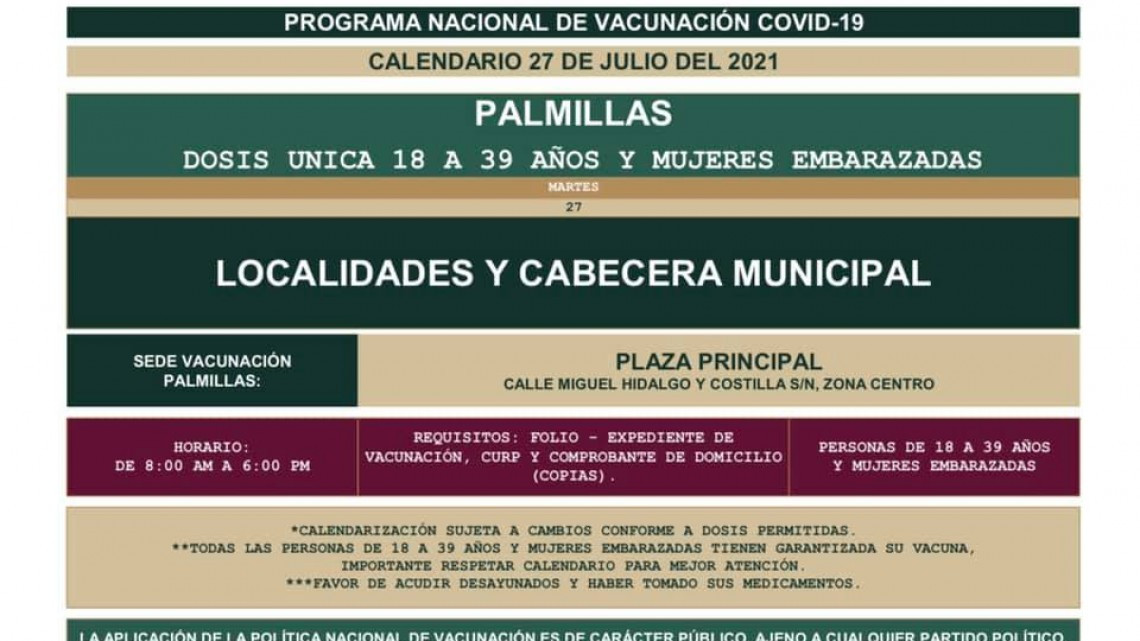 Conoce primeras fechas y sedes de vacunación contra Covid19 para 18 a 39 años en Tamaulipas