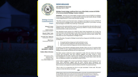 Confirma Condado de Hidalgo primer caso de la variante Delta