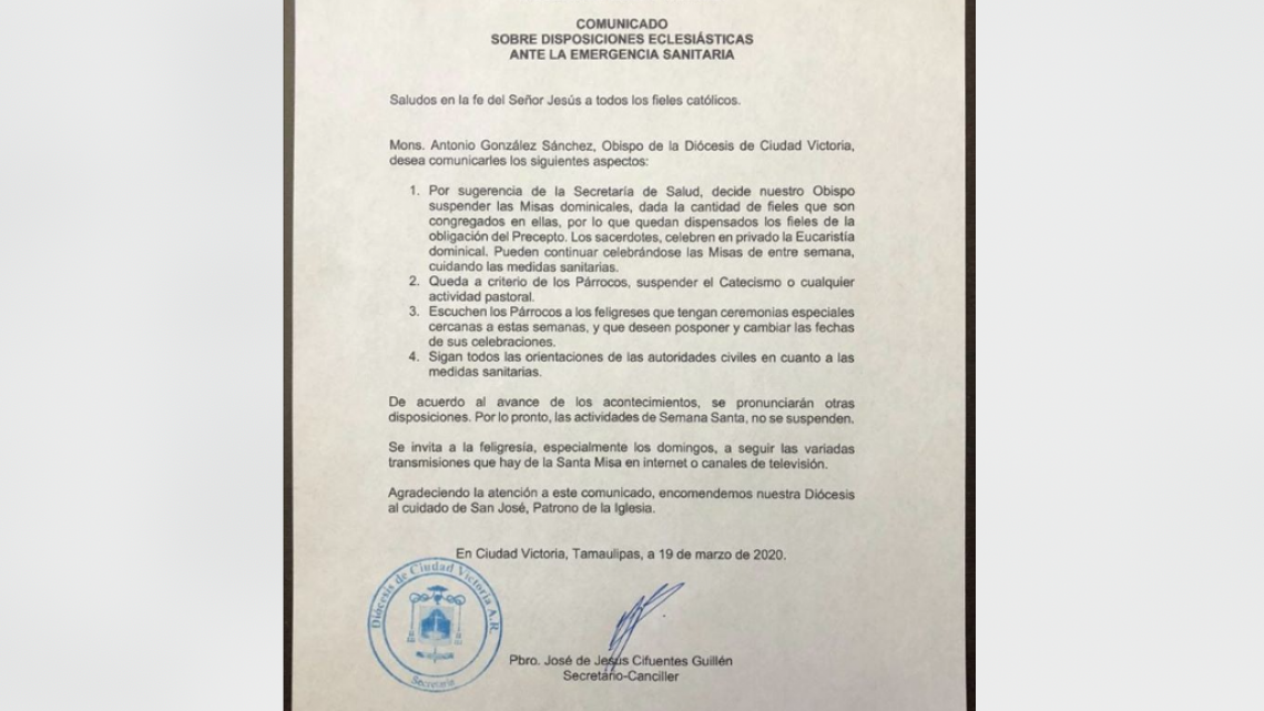 Diócesis suspenden misas por coronavirus