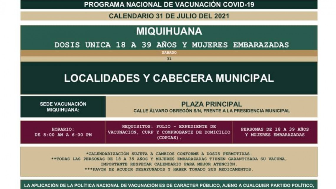 Conoce primeras fechas y sedes de vacunación contra Covid19 para 18 a 39 años en Tamaulipas