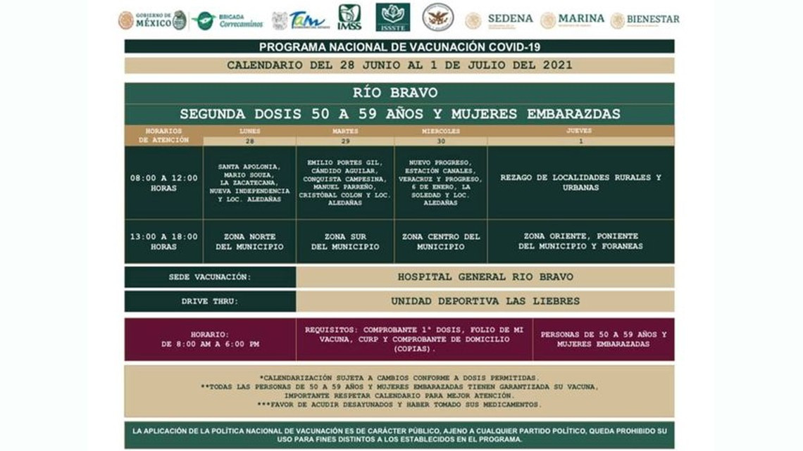 Pondrán segunda dosis anticovid a personas de 50 a 59 años en 6 municipios de Tamaulipas