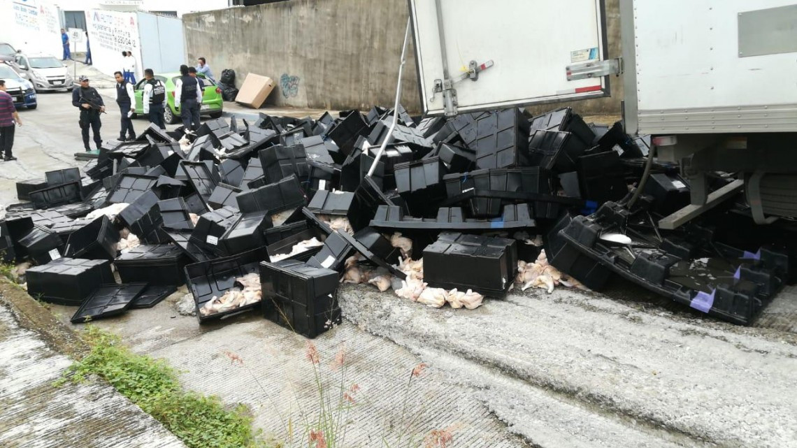 Esparcidos en la calle 15 toneladas de pollo