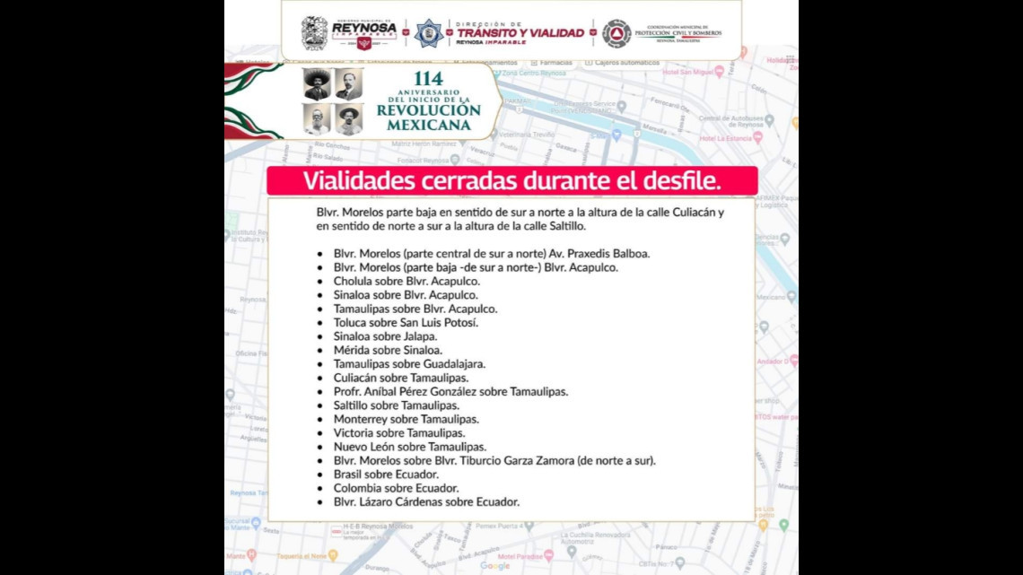 Aviso de cierres de vialidad por Desfile Conmemorativo del 114 Aniversario de la Revolución Mexicana en Reynosa 