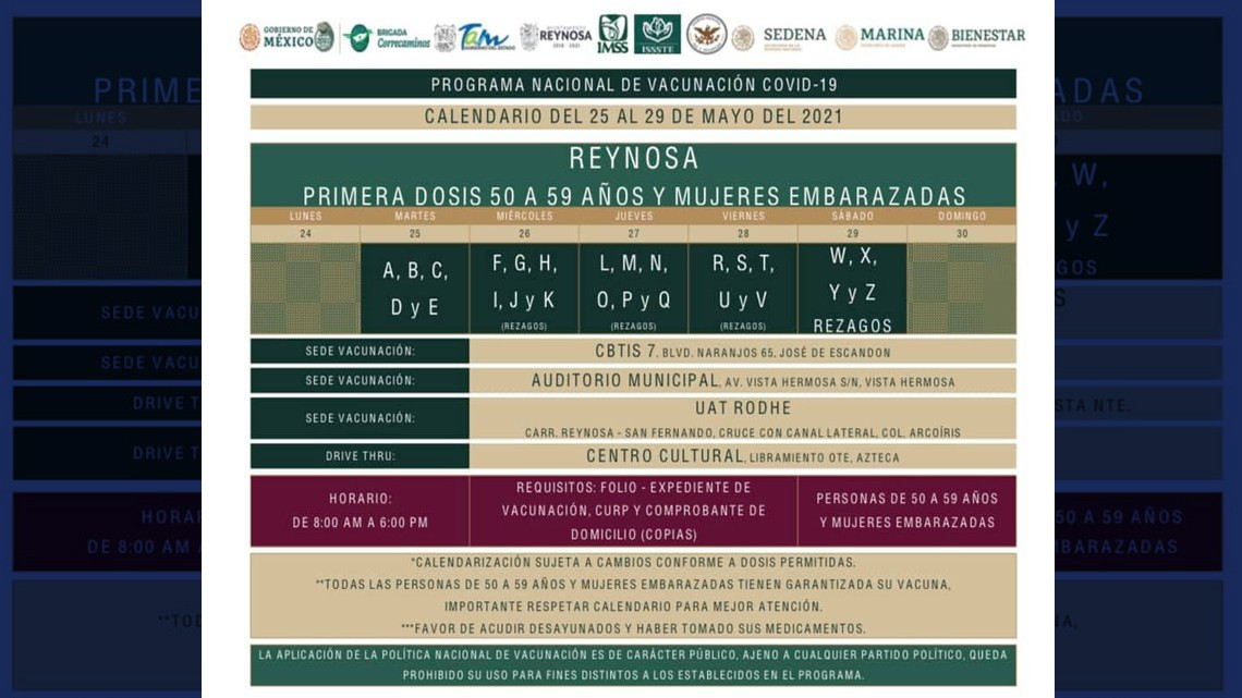 Anuncian fechas de vacunación contra Covid-19 a personas de 50 a 59 en Reynosa, Matamoros y Altamira