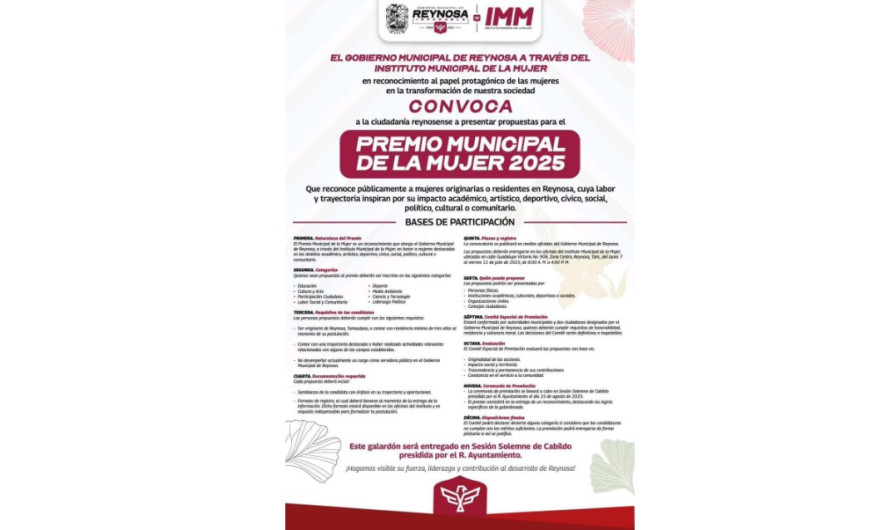 Convocan al Premio Municipal de la Mujer 2025 