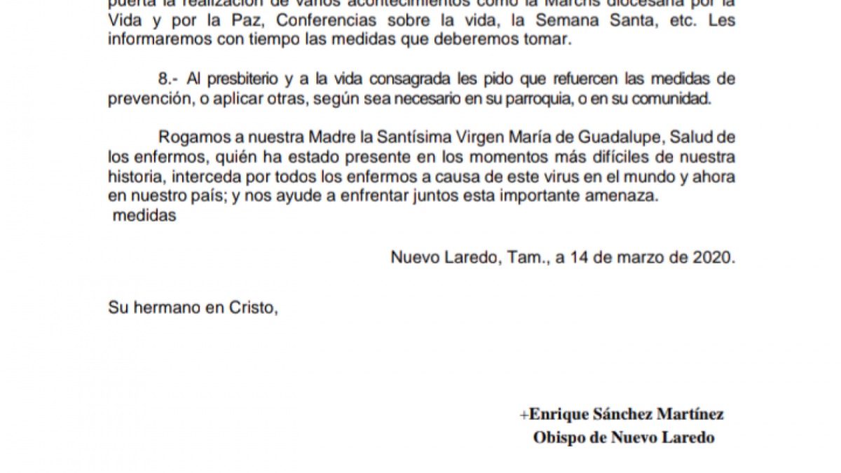 A toda la Diócesis de Nuevo Laredo: