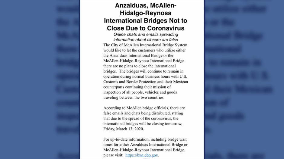 Puente de Reynosa-Hidalgo y Anzalduas no cerrarán por covid-19