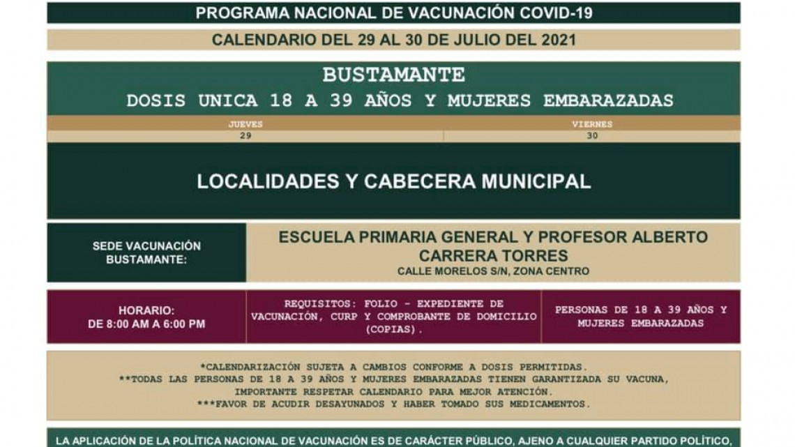 Conoce primeras fechas y sedes de vacunación contra Covid19 para 18 a 39 años en Tamaulipas