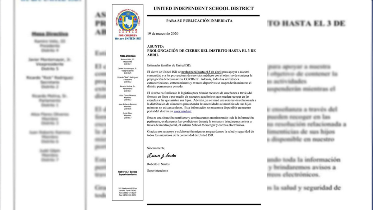 Cierre de United ISD permanecerá hasta el 3 de abril