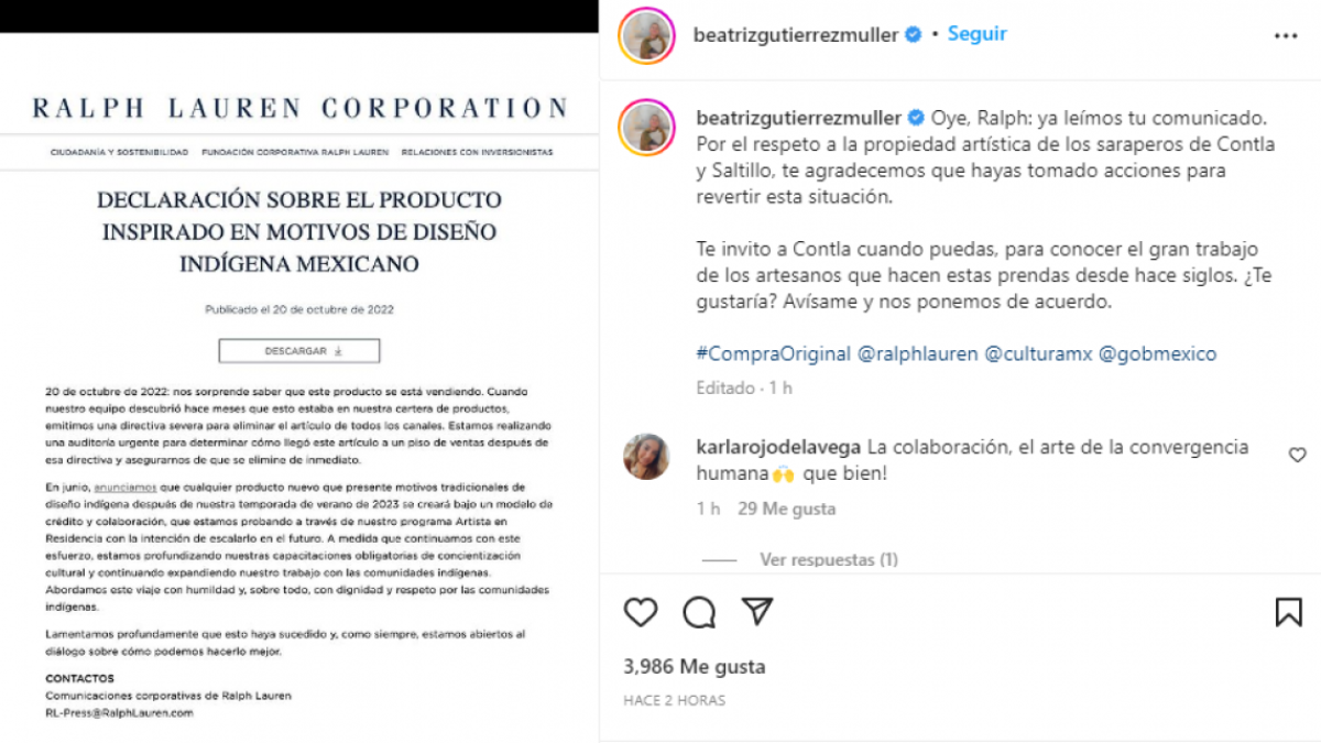Ralph Lauren se disculpa tras ser acusado de "plagio" de diseño textil mexicano; Beatriz Gutiérrez los invita a México 
