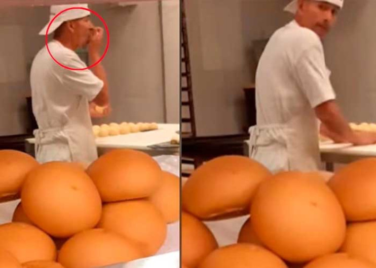 Graban a panadero lamiendo la masa en centro comercial