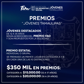 Convoca Gobierno Estatal a Premios Jóvenes Tamaulipas