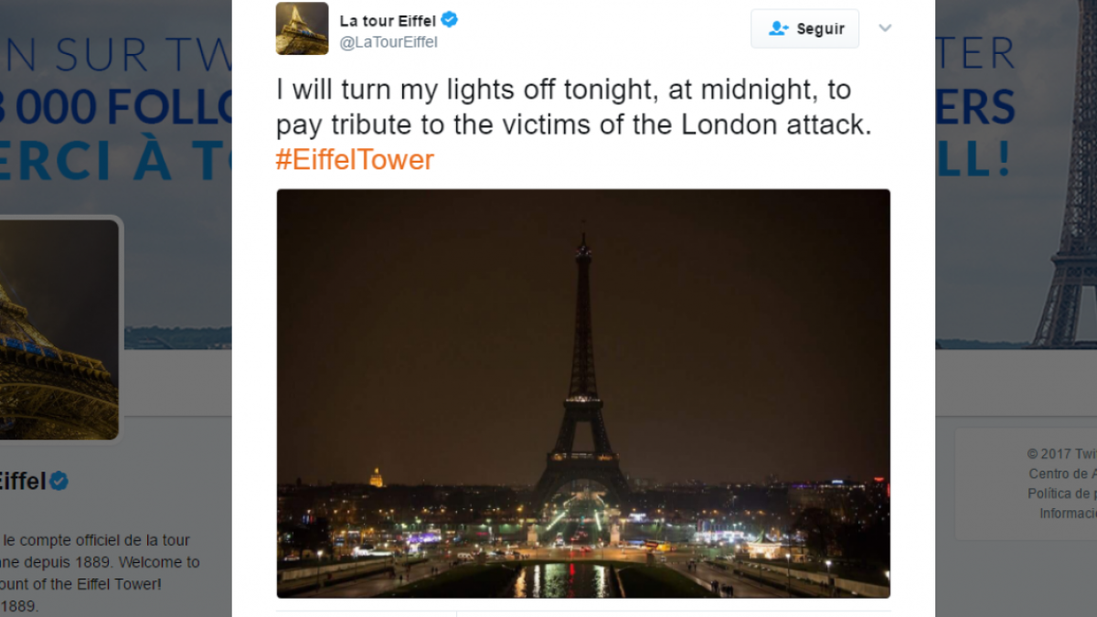 Torre Eiffel apaga luces en homenaje a víctimas de Londres 