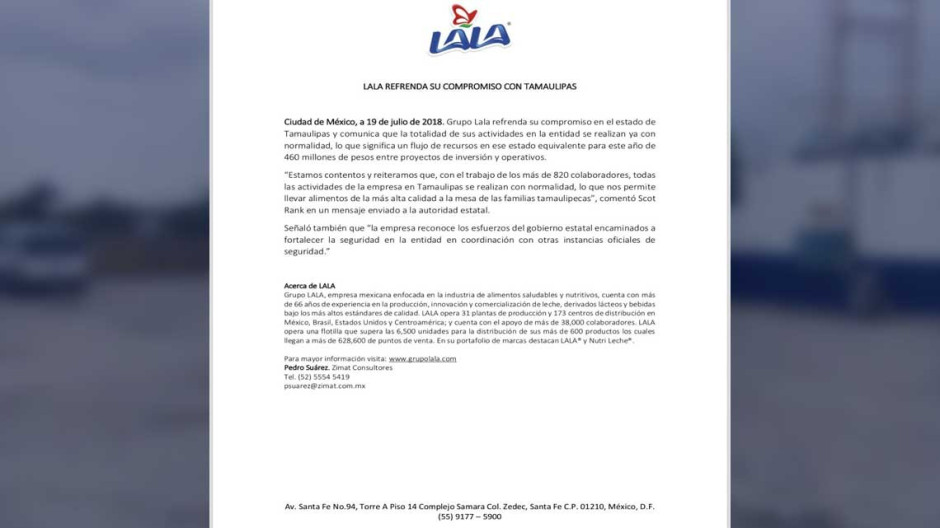 Grupo Lala reinicia operaciones en Tamaulipas