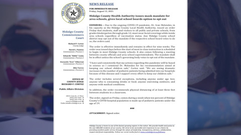 Emite Condado Hidalgo orden para uso obligatorio de cubrebocas en escuelas