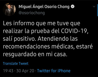 Osorio Chong da positivo a COVID-19