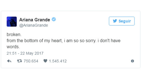 Ariana Grande envía mensaje en Twitter tras atentado en Manchester