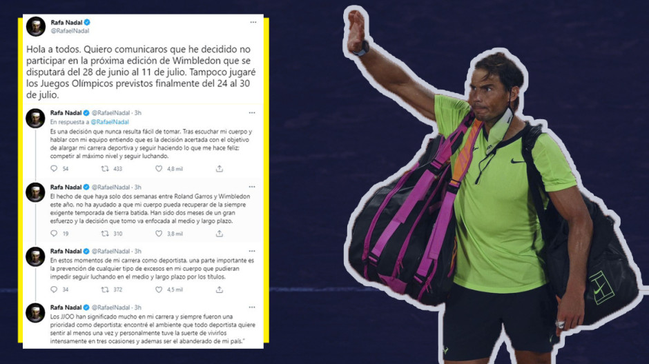 Confirma Rafa Nadal que no disputará Wimbledon ni Juegos Olímpicos