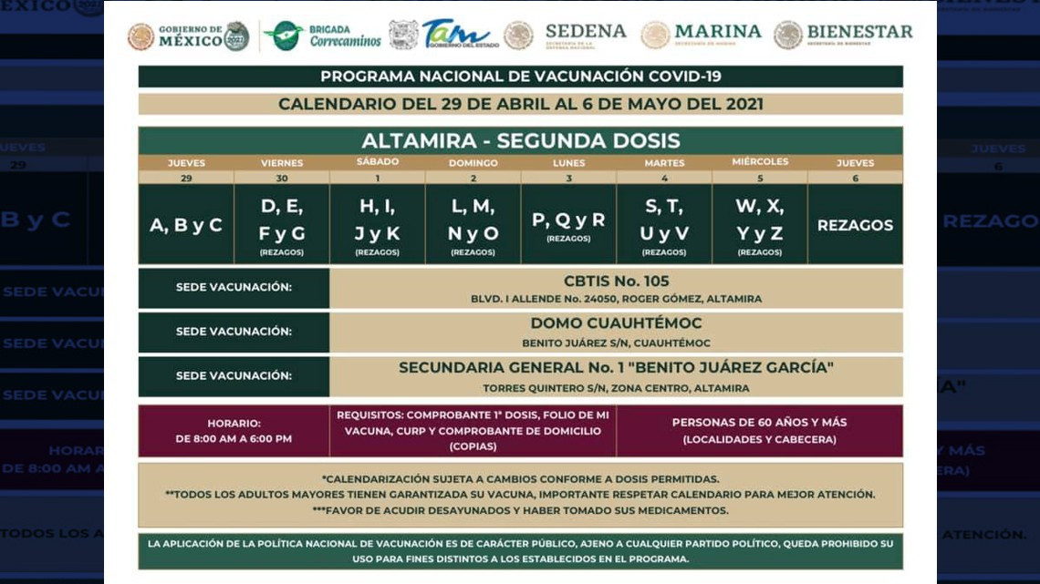 Segunda dosis de vacunas para adultos mayores de varios municipios de Tamaulipas iniciará este miércoles