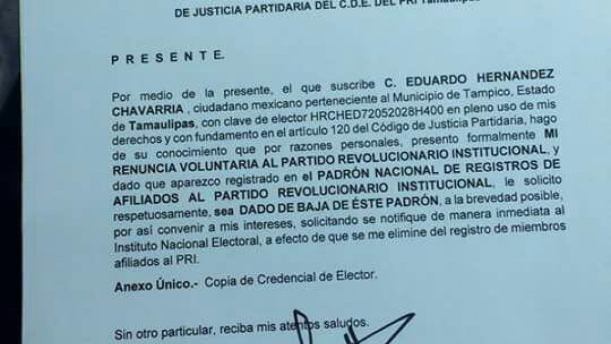 Ex diputado local Eduardo Hernández renuncia al PRI