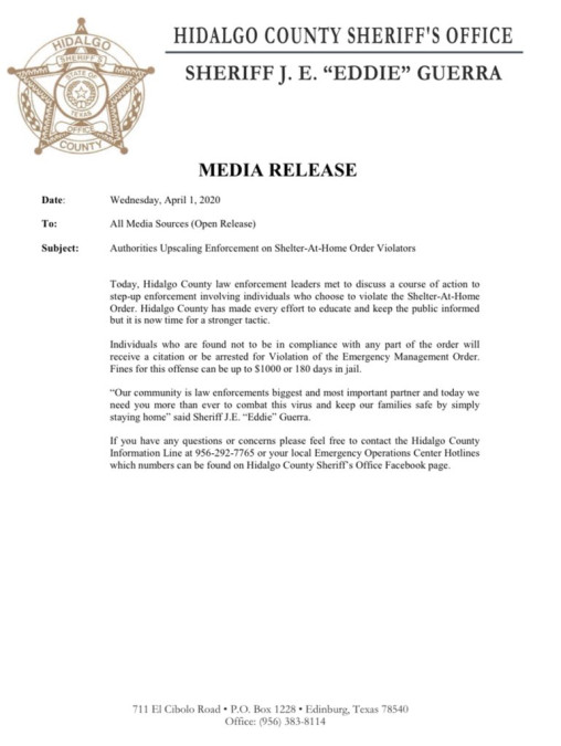 Condado de Hidalgo sancionará a quienes no cumplan la Orden de refugio en el hogar