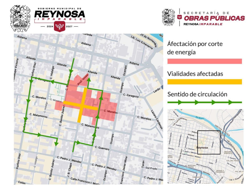 Suspenden suministro eléctrico en calles del Centro de Reynosa por trabajos de obra pública