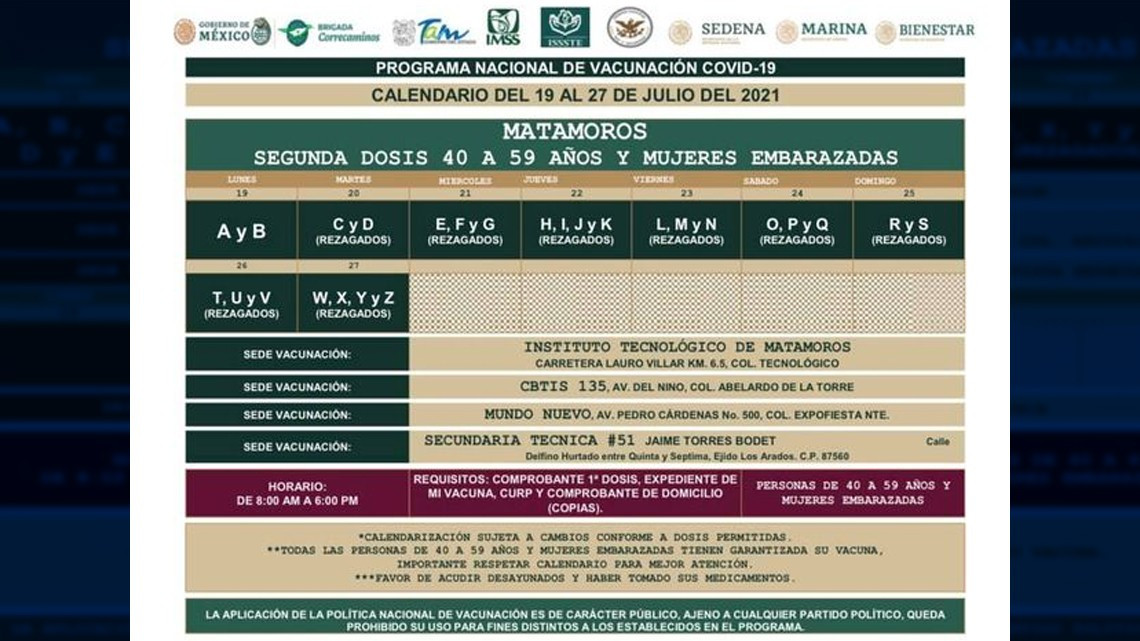 Inicia aplicación de la segunda dosis de vacuna antiCovid para adultos de 40 a 49 años en Reynosa, Nvo Laredo, Matamoros y Río Bravo 