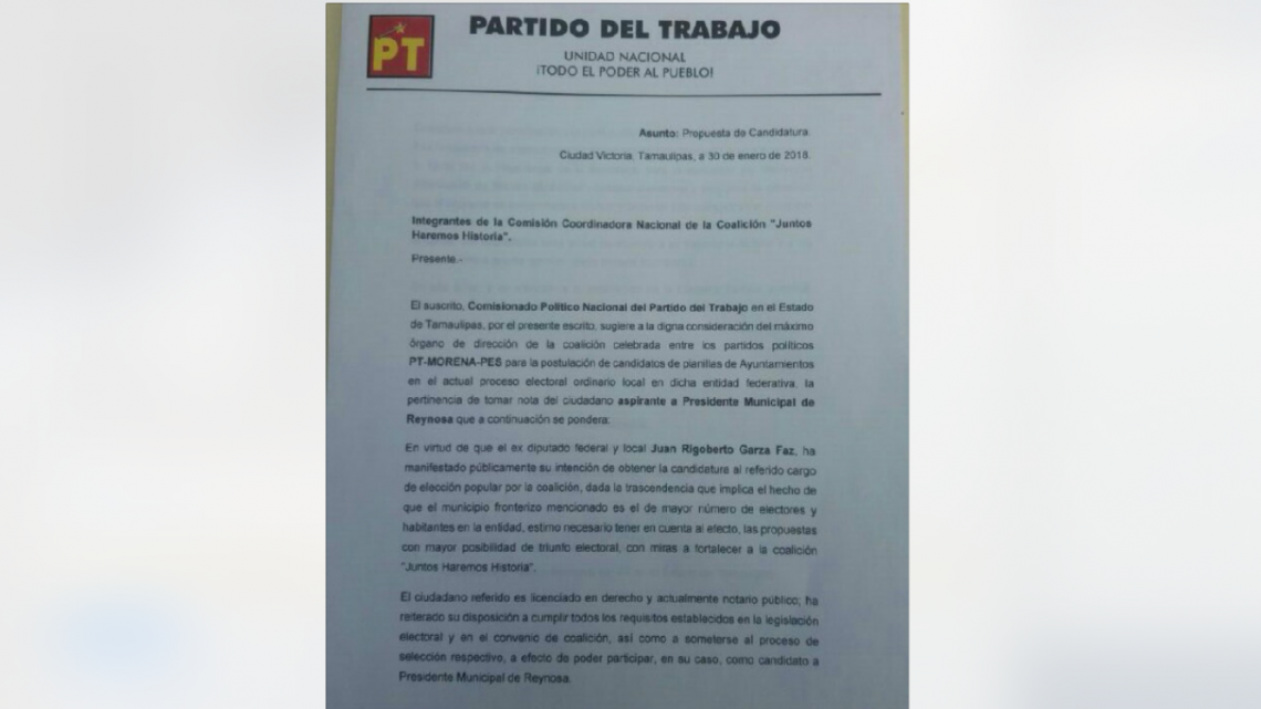 PT y PES avalan registro de Rigo Garza